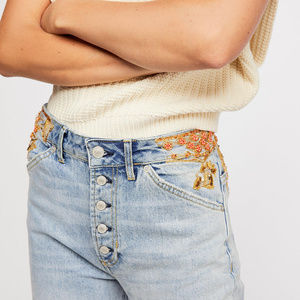 Free People Novelty Embellished Beaded Sequins Button Fly Straight Jeans 26 NWT